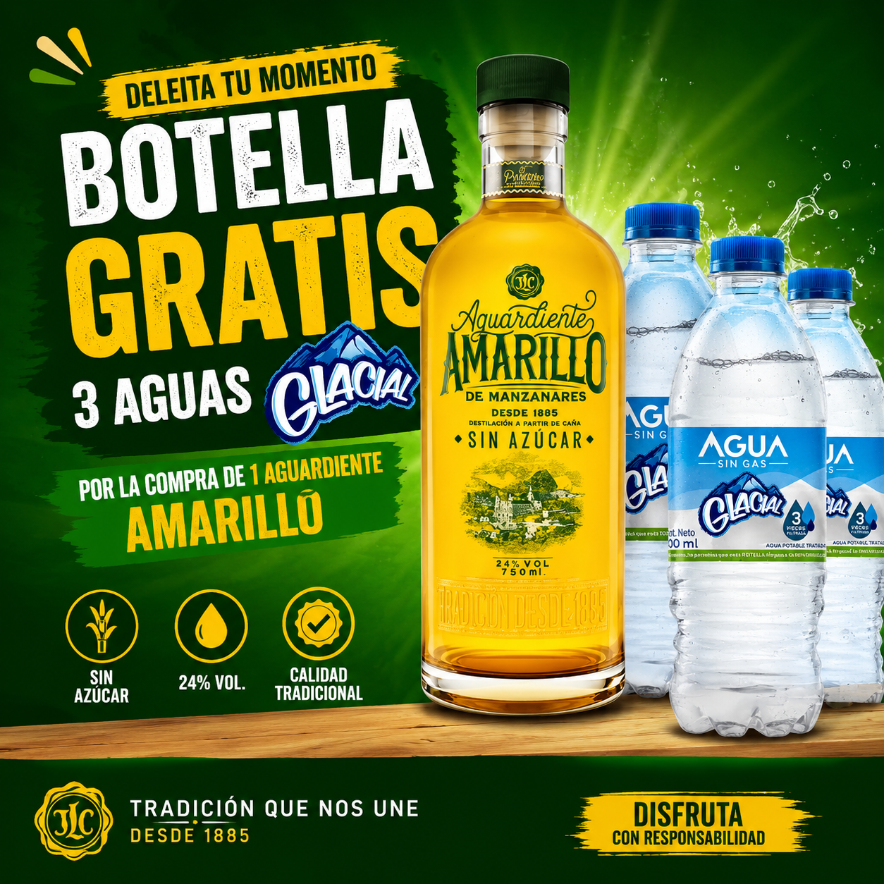 Aguardiente amarillo 750 Gratis 3 Aguas Glacial 600 ml